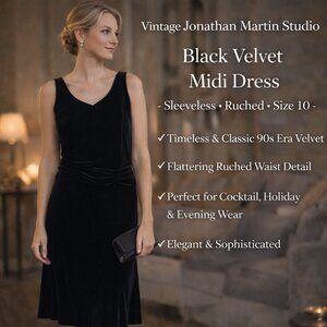 Jonathan Martin Studio Vintage Midi Dress Black Velvet Sleeveless SZ10 Ruche